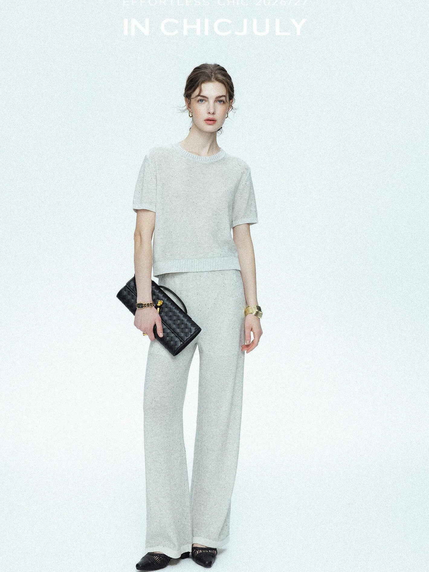 chicjuly Star Sparkle Knit Crewneck Short Sleeve Women's Linen Silk Top & Pants Sets
