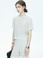 chicjuly Star Sparkle Knit Crewneck Short Sleeve Women's Linen Silk Top & Pants Sets