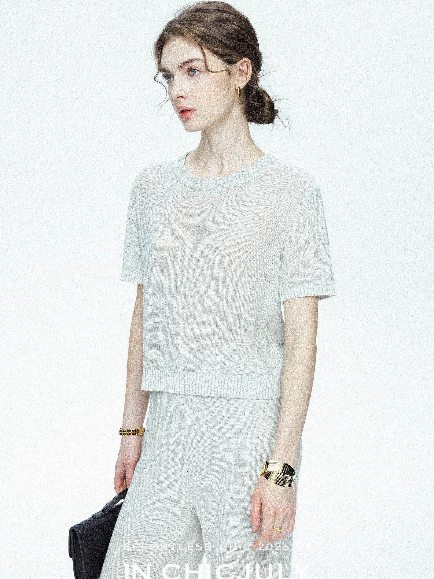 chicjuly Star Sparkle Knit Crewneck Short Sleeve Women's Linen Silk Top & Pants Sets