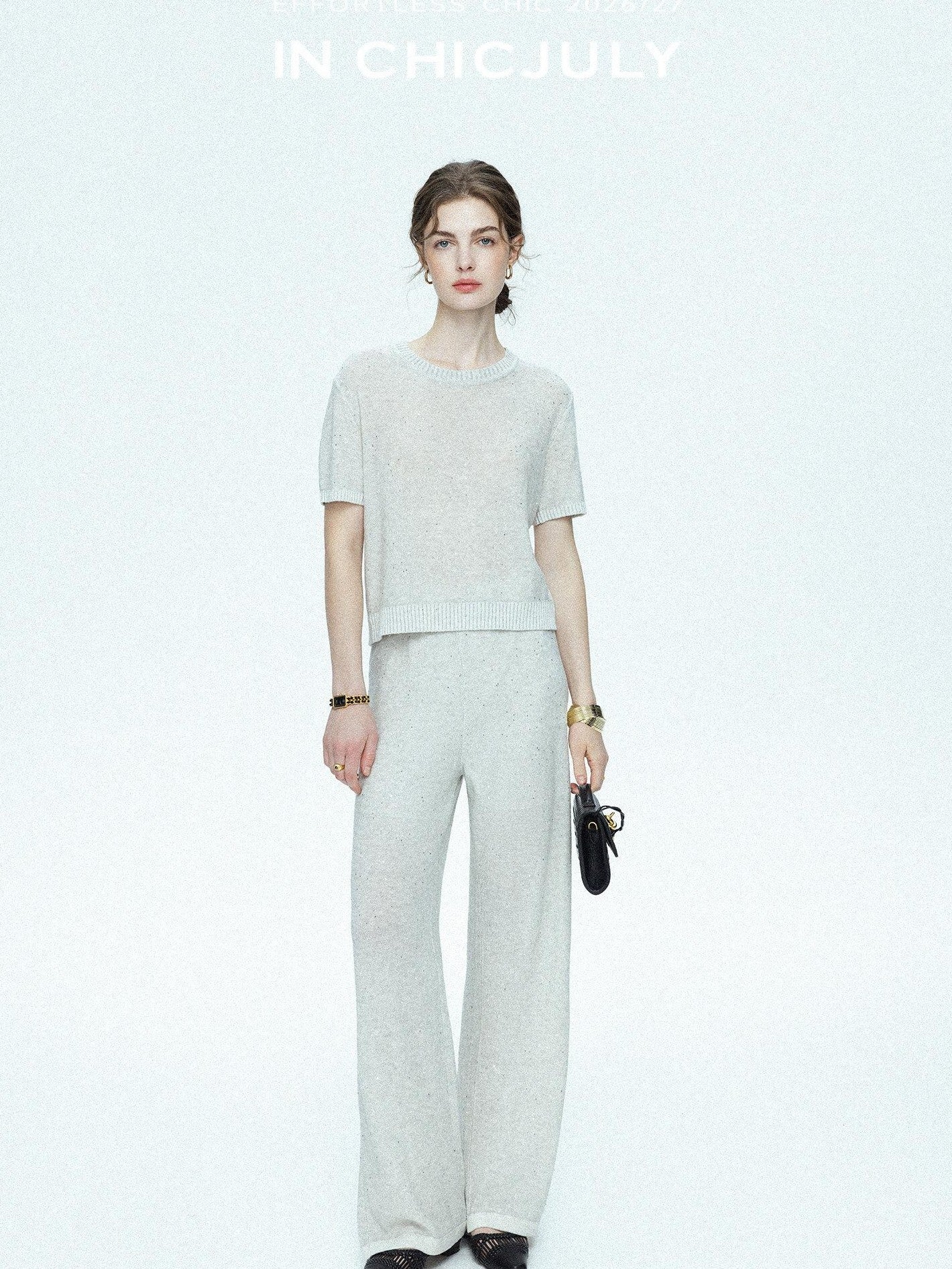 chicjuly Star Sparkle Knit Crewneck Short Sleeve Women's Linen Silk Top & Pants Sets