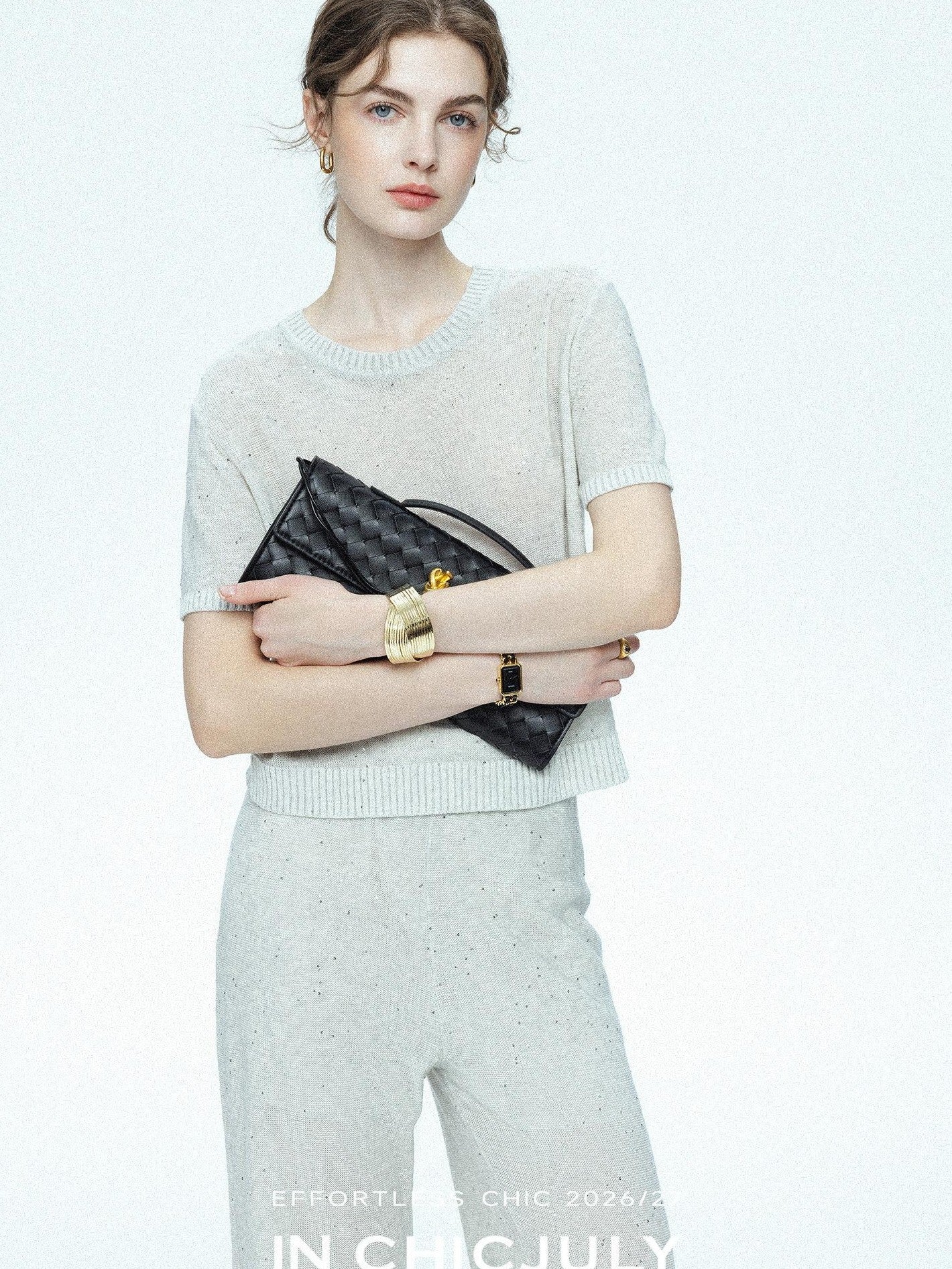 chicjuly Star Sparkle Knit Crewneck Short Sleeve Women's Linen Silk Top & Pants Sets