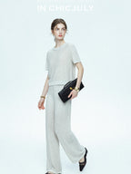 chicjuly Star Sparkle Knit Crewneck Short Sleeve Women's Linen Silk Top & Pants Sets
