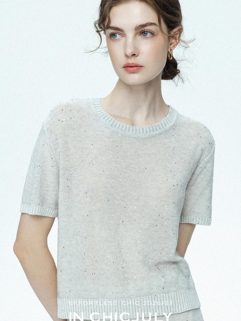 chicjuly Star Sparkle Knit Crewneck Short Sleeve Women's Linen Silk Top & Pants Sets