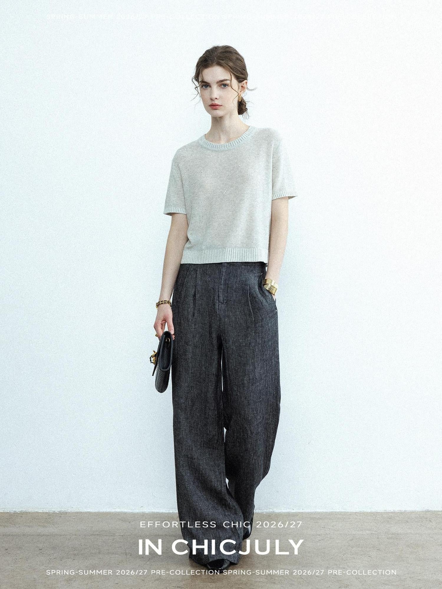 chicjuly Star Sparkle Knit Crewneck Short Sleeve Women's Linen Silk Top & Pants Sets
