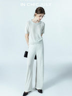 chicjuly Star Sparkle Knit Crewneck Short Sleeve Women's Linen Silk Top & Pants Sets