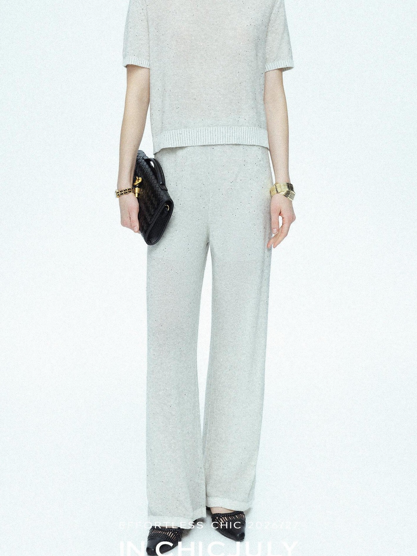chicjuly Star Sparkle Knit Crewneck Short Sleeve Women's Linen Silk Top & Pants Sets
