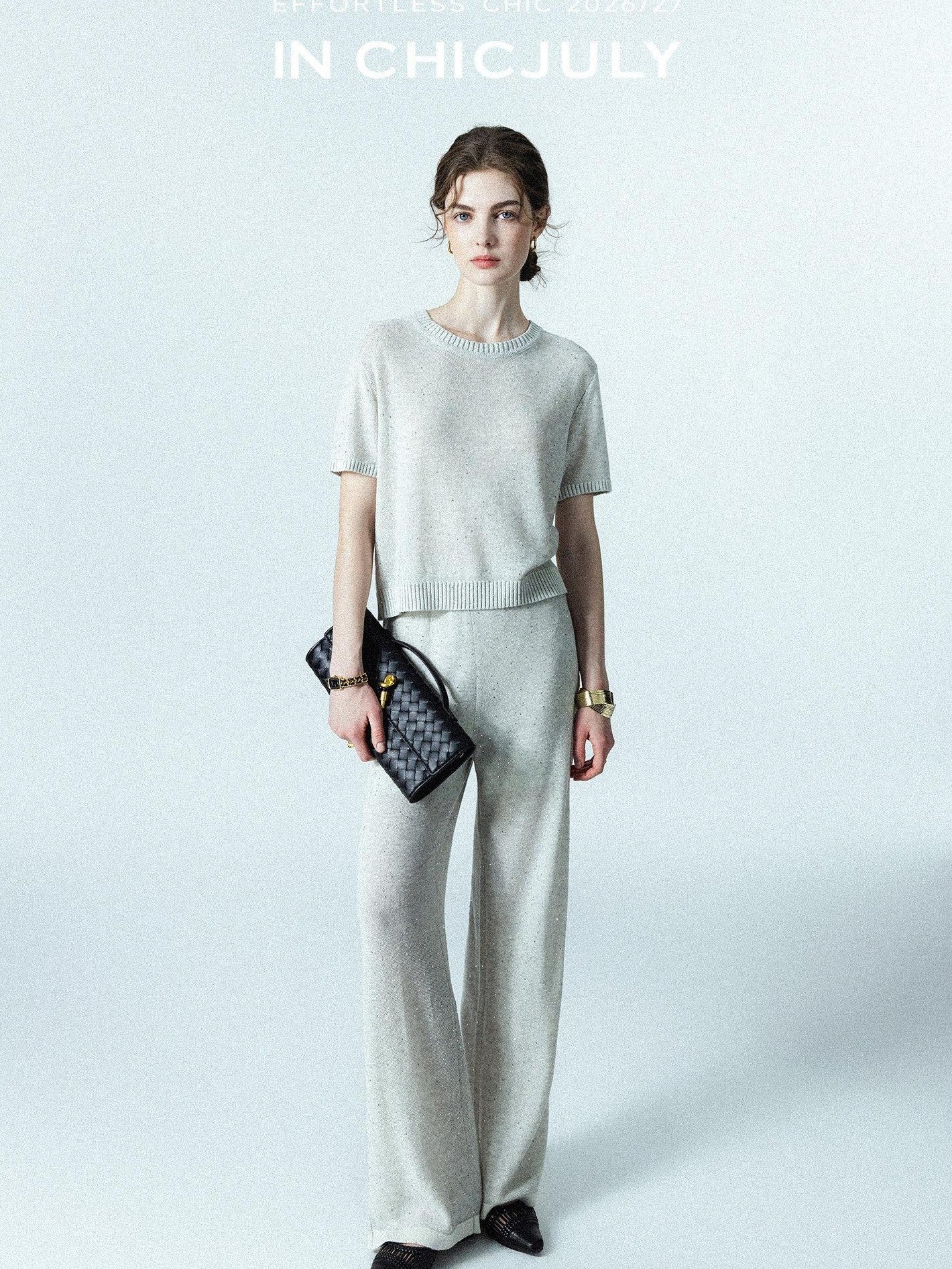 chicjuly Star Sparkle Knit Crewneck Short Sleeve Women's Linen Silk Top & Pants Sets