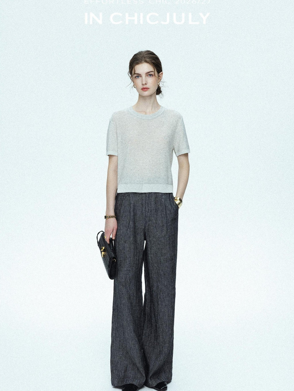 chicjuly Star Sparkle Knit Crewneck Short Sleeve Women's Linen Silk Top & Pants Sets