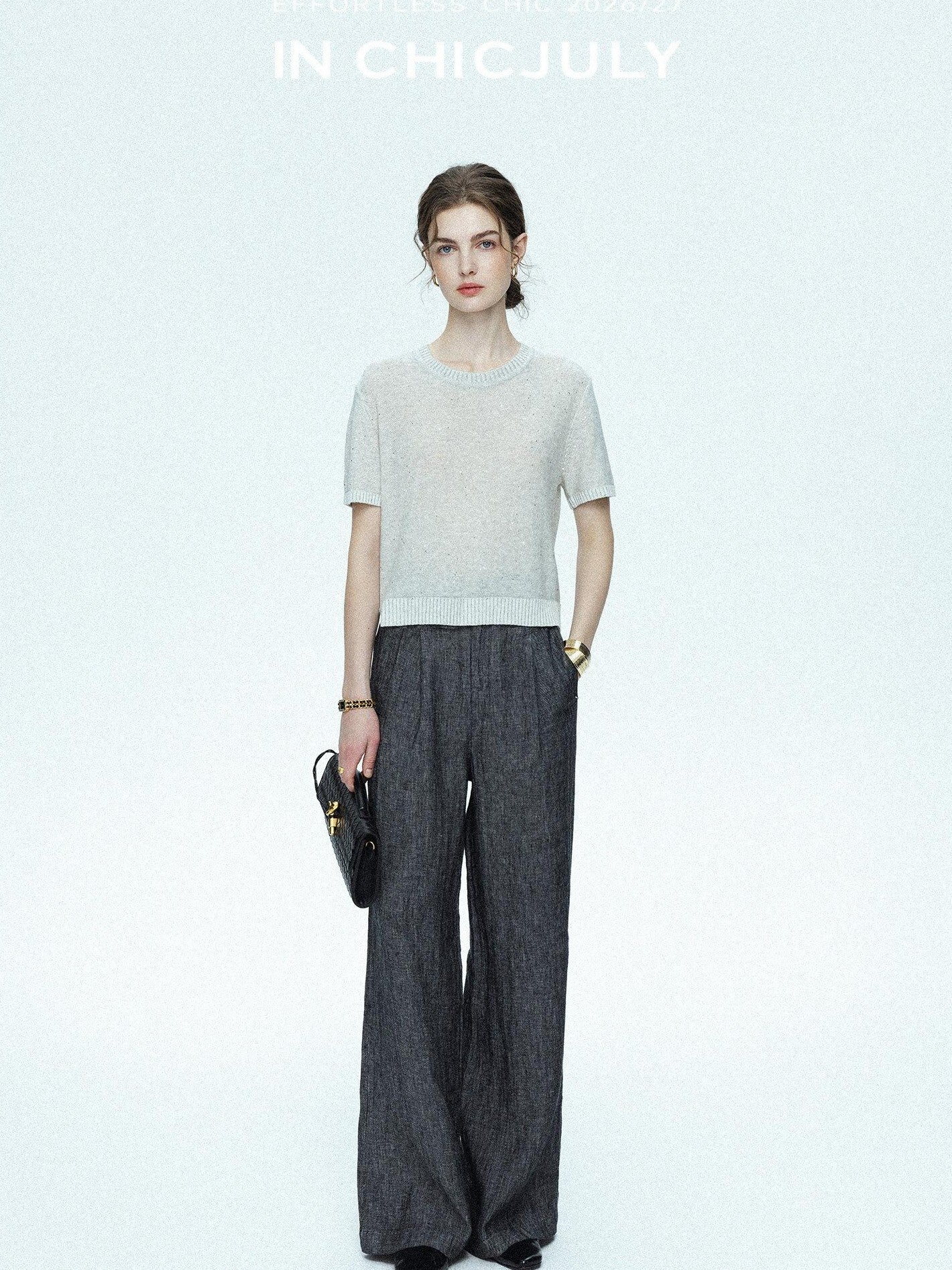 chicjuly Star Sparkle Knit Crewneck Short Sleeve Women's Linen Silk Top & Pants Sets