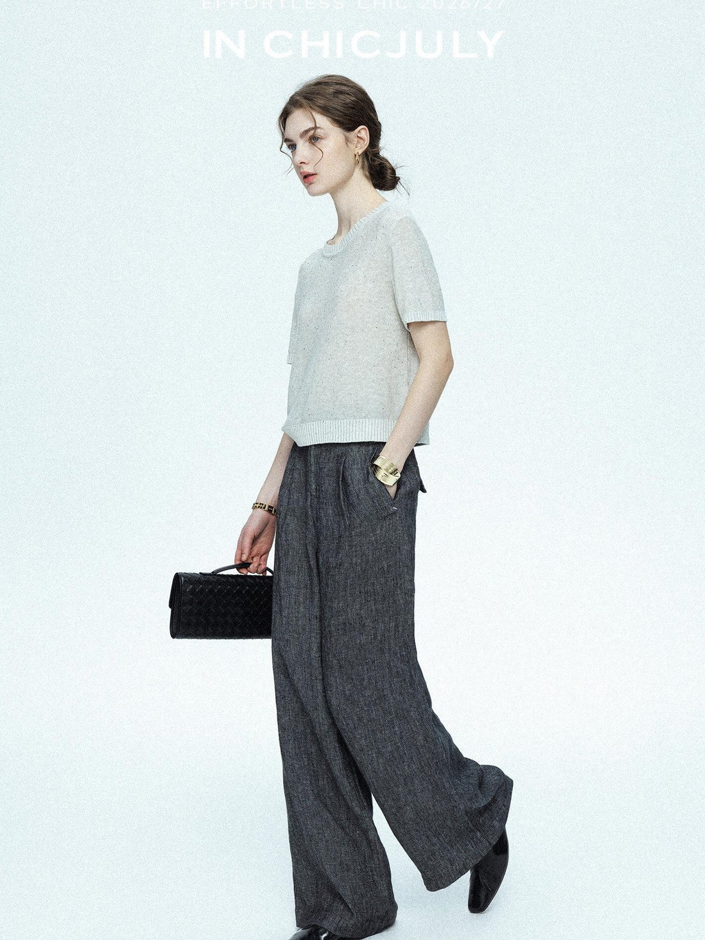 chicjuly Star Sparkle Knit Crewneck Short Sleeve Women's Linen Silk Top & Pants Sets