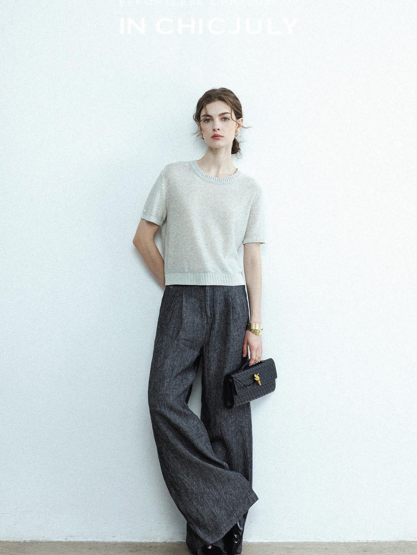 chicjuly Star Sparkle Knit Crewneck Short Sleeve Women's Linen Silk Top & Pants Sets