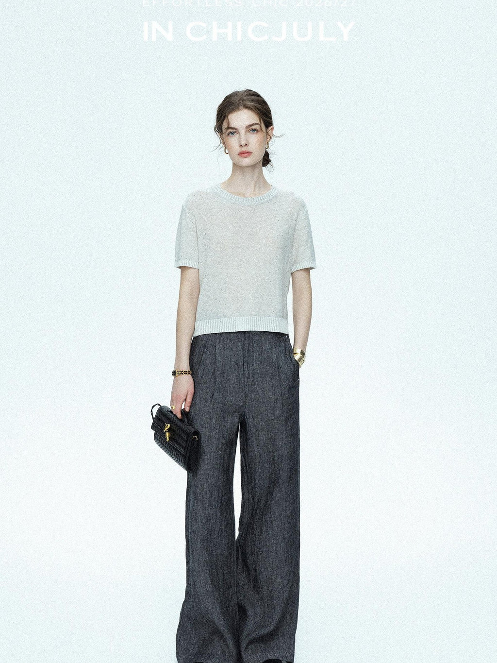 chicjuly Star Sparkle Knit Crewneck Short Sleeve Women's Linen Silk Top & Pants Sets