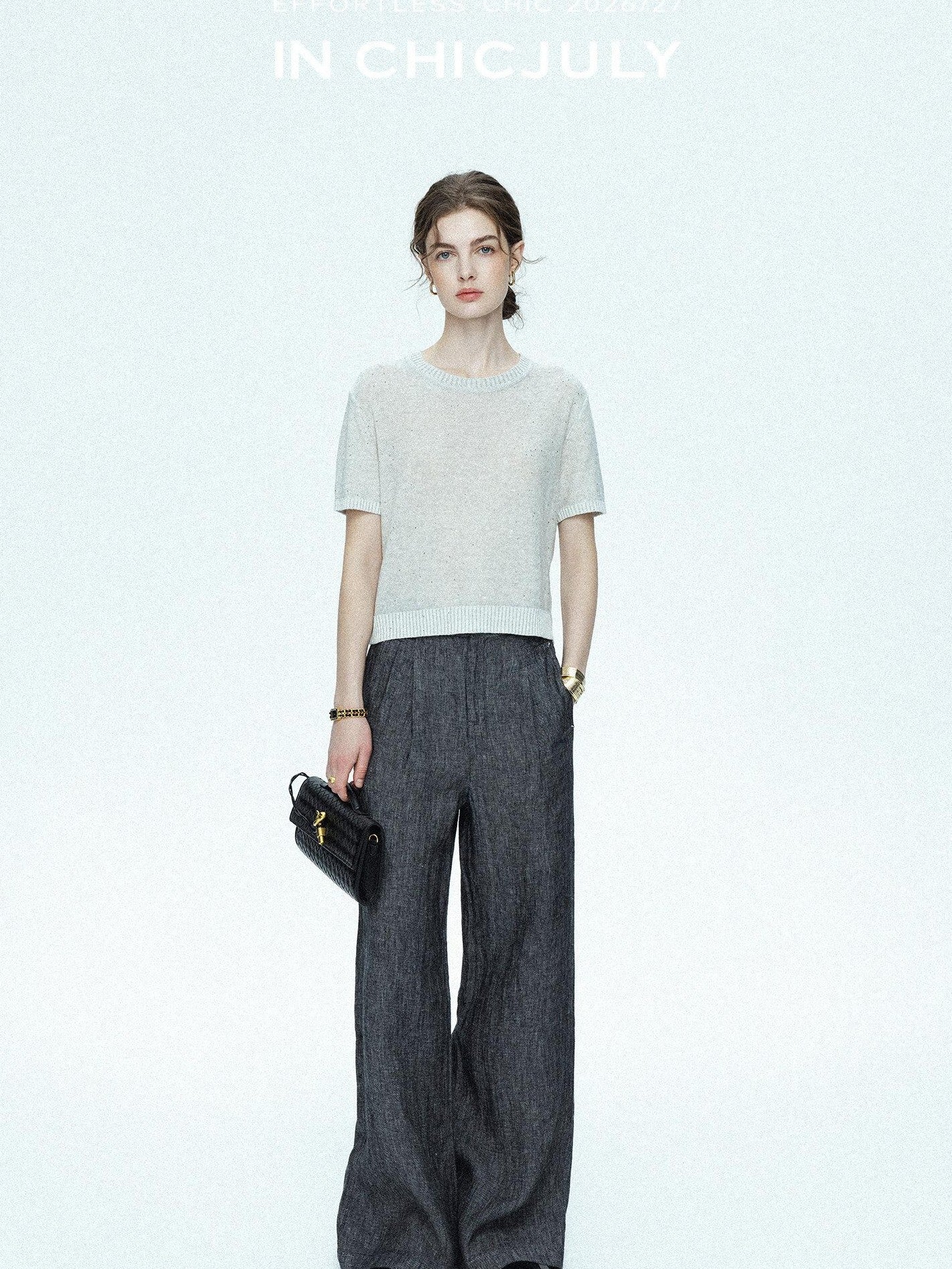 chicjuly Star Sparkle Knit Crewneck Short Sleeve Women's Linen Silk Top & Pants Sets