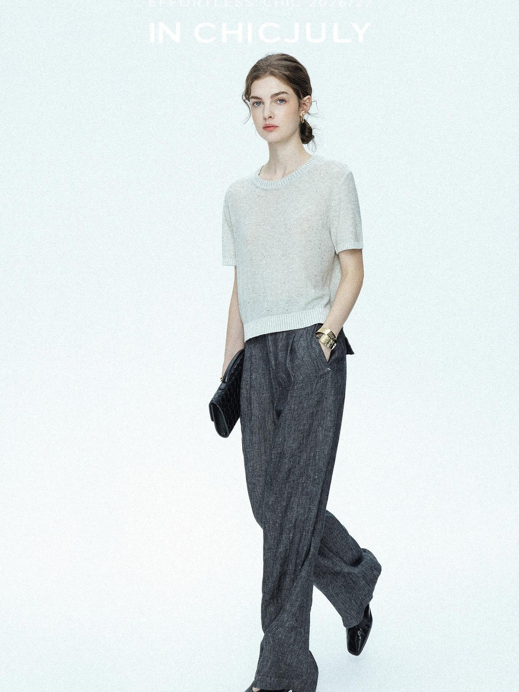 chicjuly Star Sparkle Knit Crewneck Short Sleeve Women's Linen Silk Top & Pants Sets