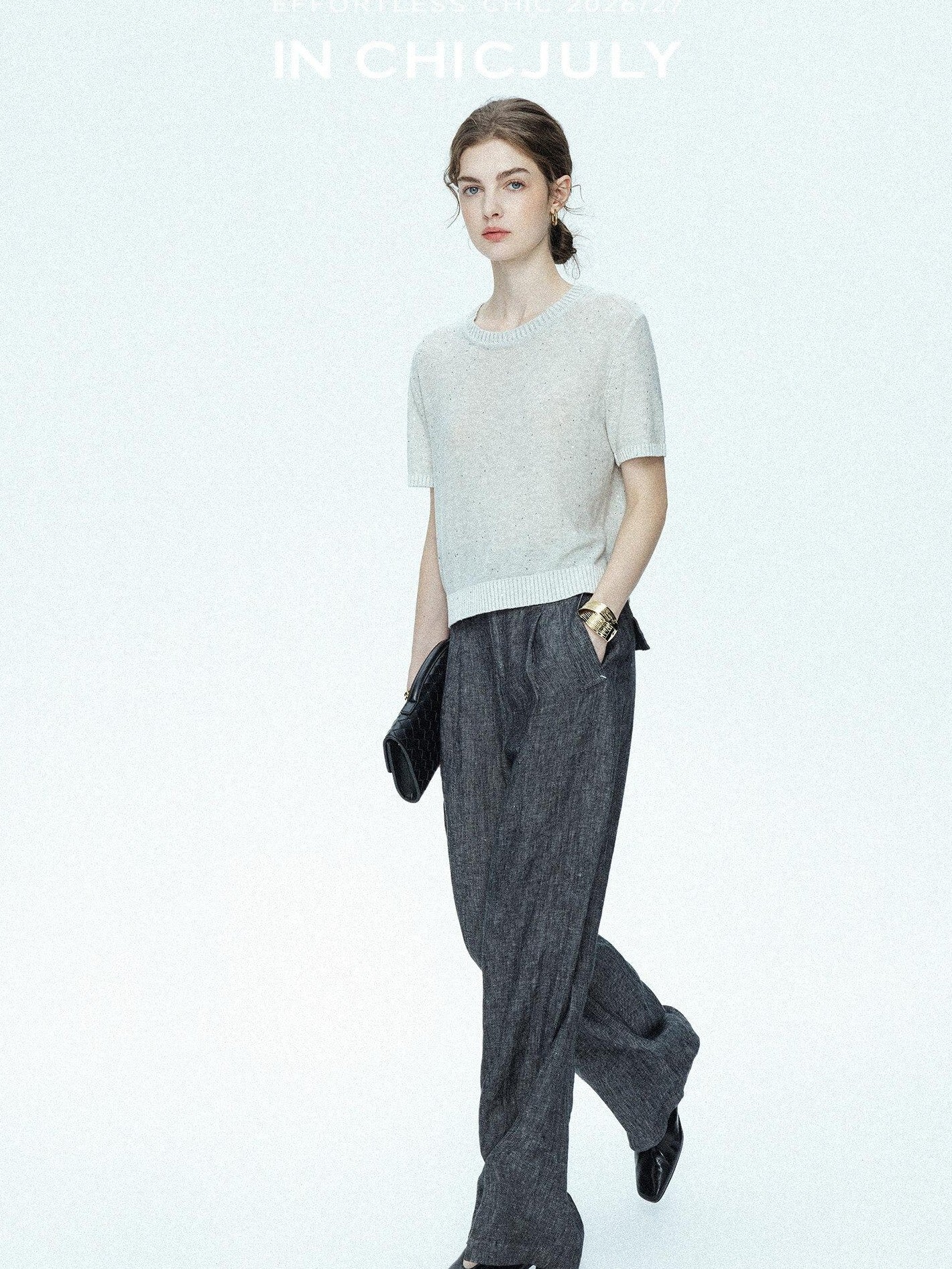chicjuly Star Sparkle Knit Crewneck Short Sleeve Women's Linen Silk Top & Pants Sets