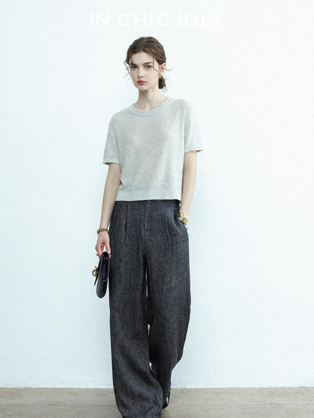 chicjuly Star Sparkle Knit Crewneck Short Sleeve Women's Linen Silk Top & Pants Sets