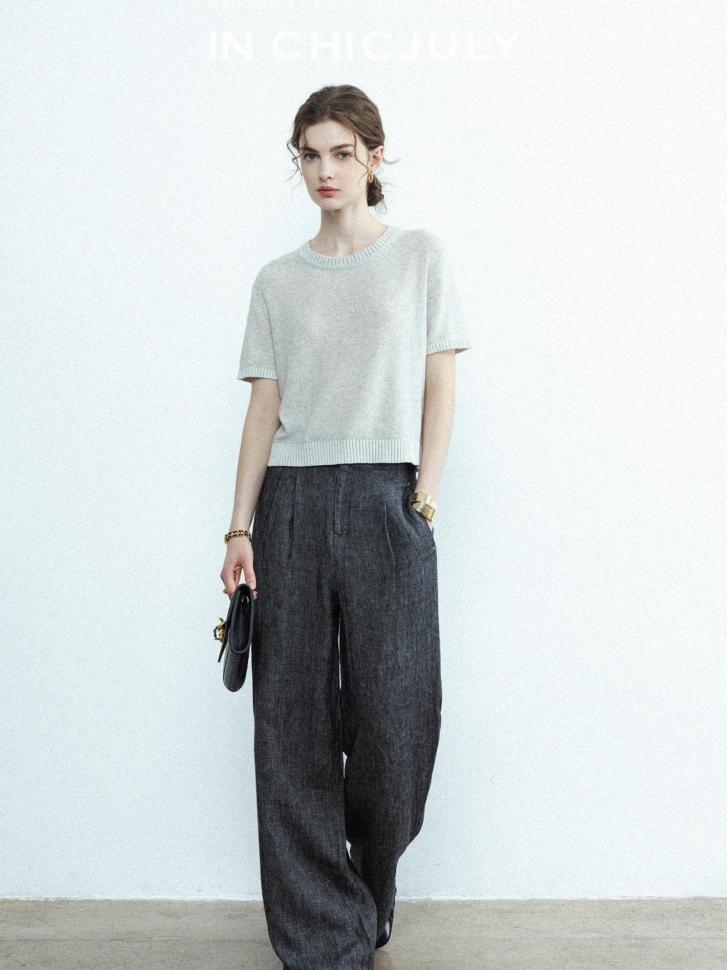 chicjuly Star Sparkle Knit Crewneck Short Sleeve Women's Linen Silk Top & Pants Sets