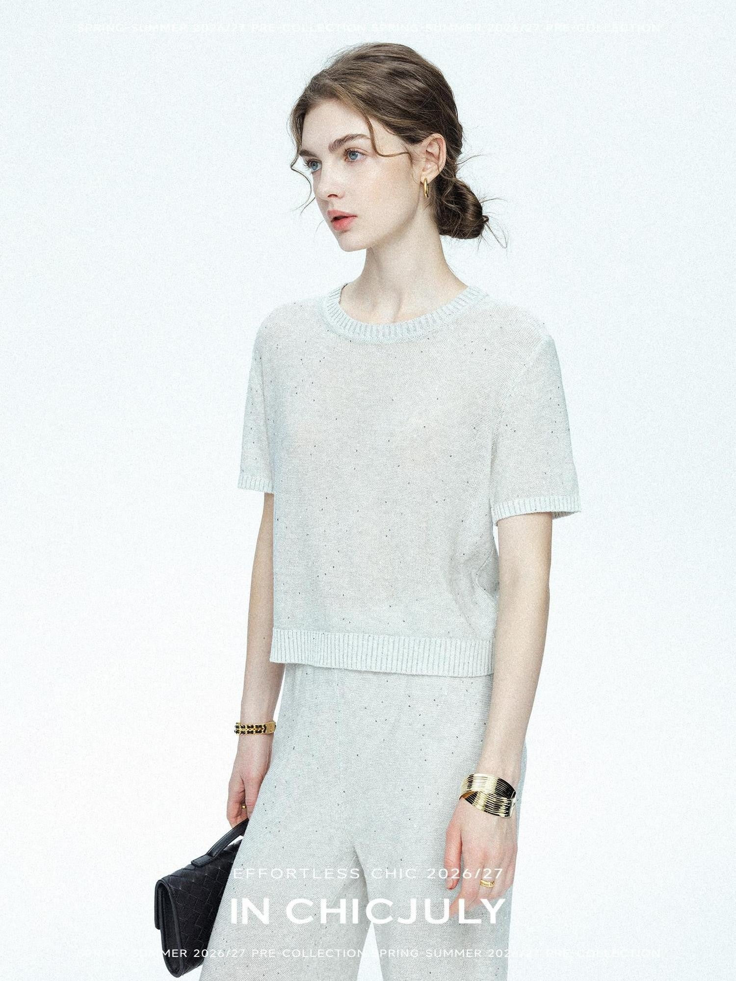 chicjuly Star Sparkle Knit Crewneck Short Sleeve Women's Linen Silk Top & Pants Sets