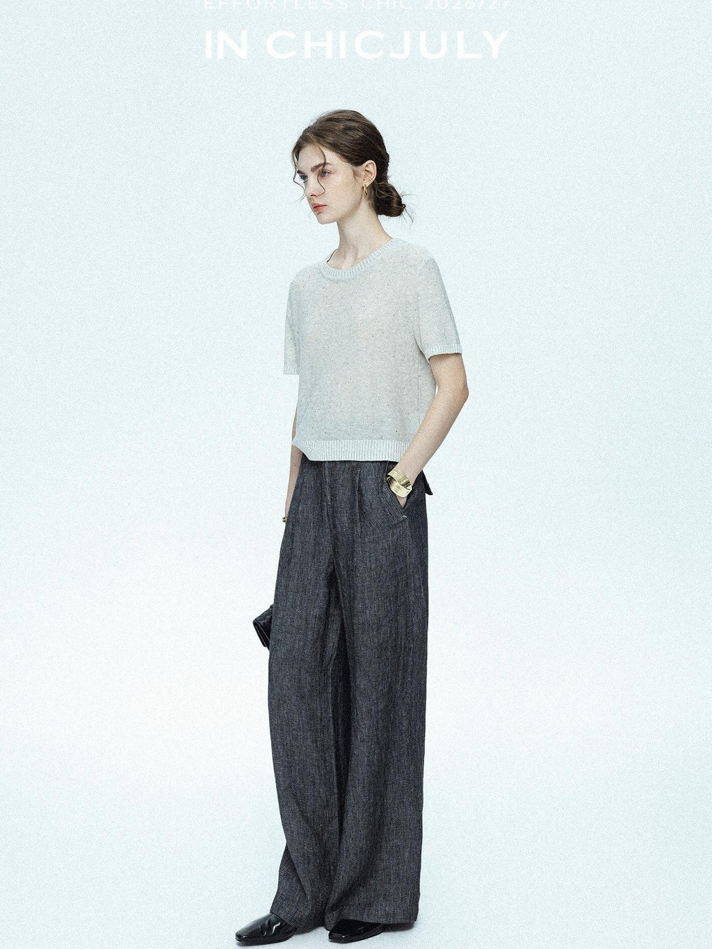 chicjuly Star Sparkle Knit Crewneck Short Sleeve Women's Linen Silk Top & Pants Sets