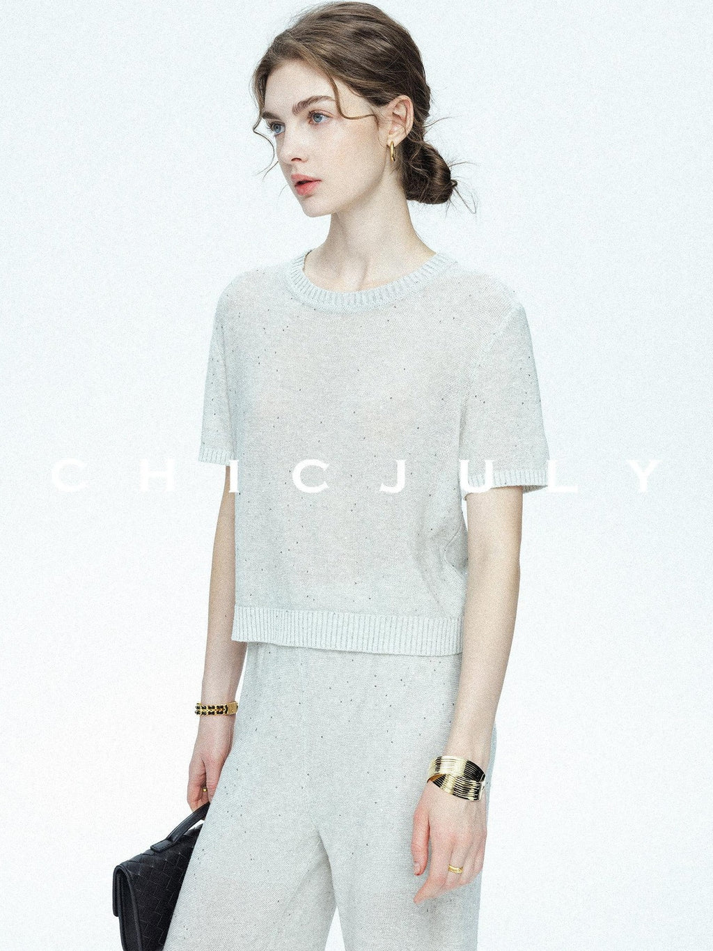 chicjuly Star Sparkle Knit Crewneck Short Sleeve Women's Linen Silk Top & Pants Sets