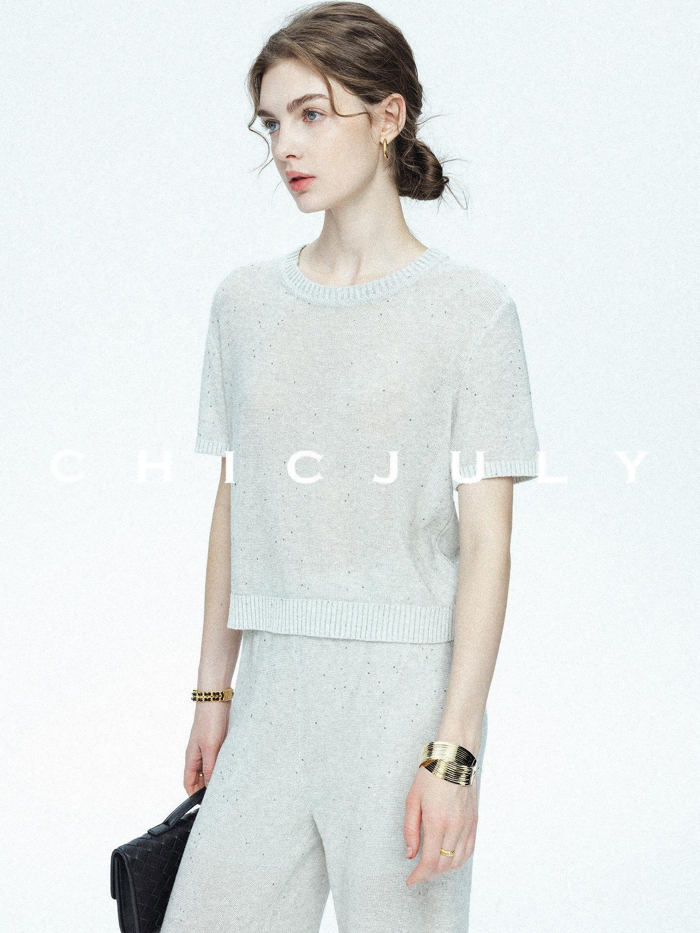 chicjuly Star Sparkle Knit Crewneck Short Sleeve Women's Linen Silk Top & Pants Sets