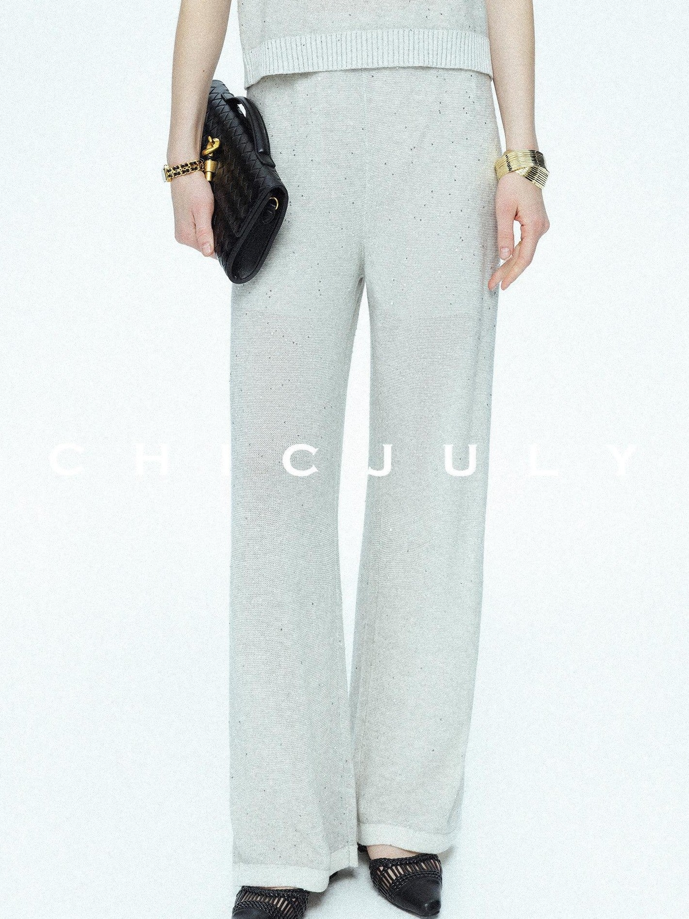 chicjuly Star Sparkle Knit Crewneck Short Sleeve Women's Linen Silk Top & Pants Sets