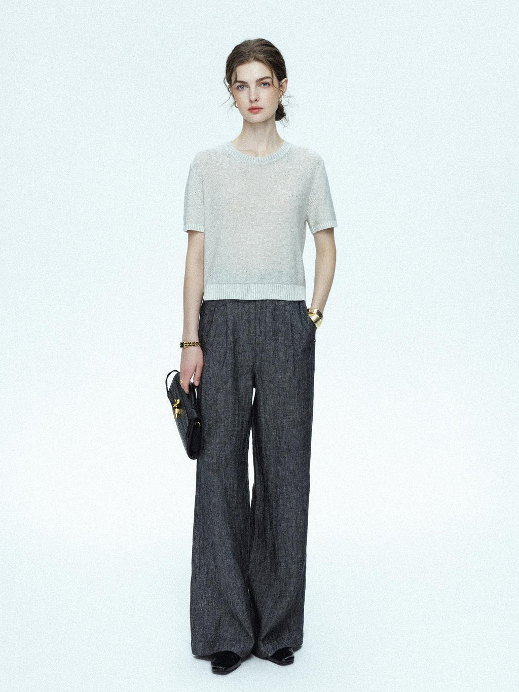 chicjuly Star Sparkle Knit Crewneck Short Sleeve Women's Linen Silk Top & Pants Sets
