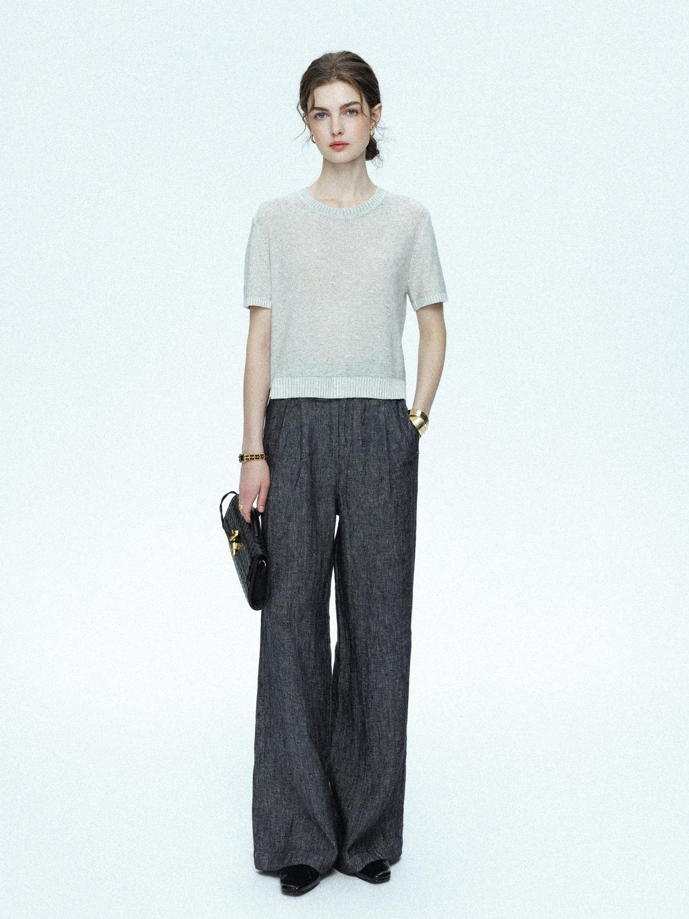 chicjuly Star Sparkle Knit Crewneck Short Sleeve Women's Linen Silk Top & Pants Sets