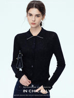 chicjuly Starlight Handmade 3d Small Stud Beaded Polo Collar Women's Wool Slim Cardigans
