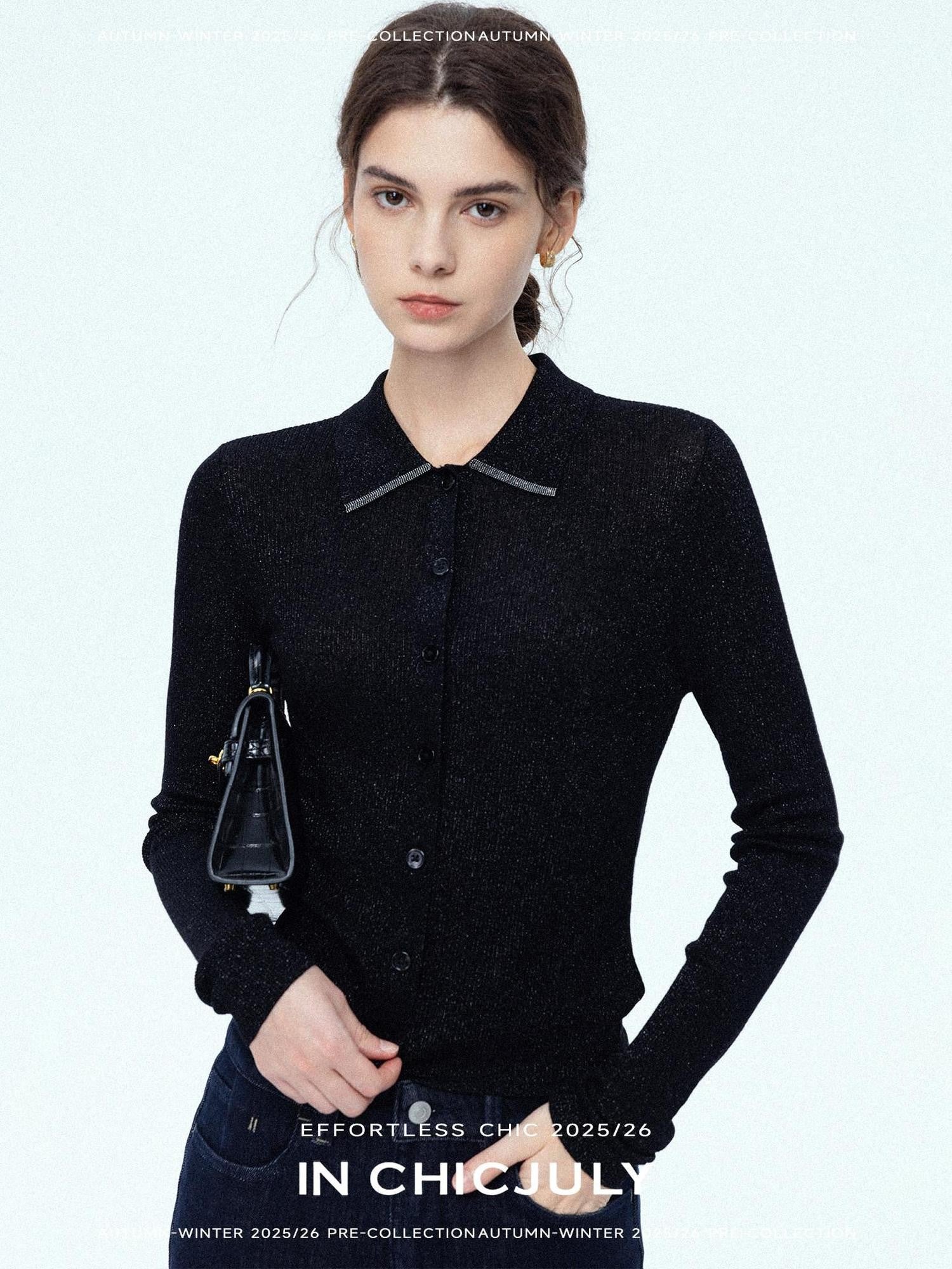 chicjuly Starlight Handmade 3d Small Stud Beaded Polo Collar Women's Wool Slim Cardigans