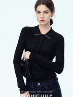 chicjuly Starlight Handmade 3d Small Stud Beaded Polo Collar Women's Wool Slim Cardigans