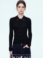 chicjuly Starlight Handmade 3d Small Stud Beaded Polo Collar Women's Wool Slim Cardigans