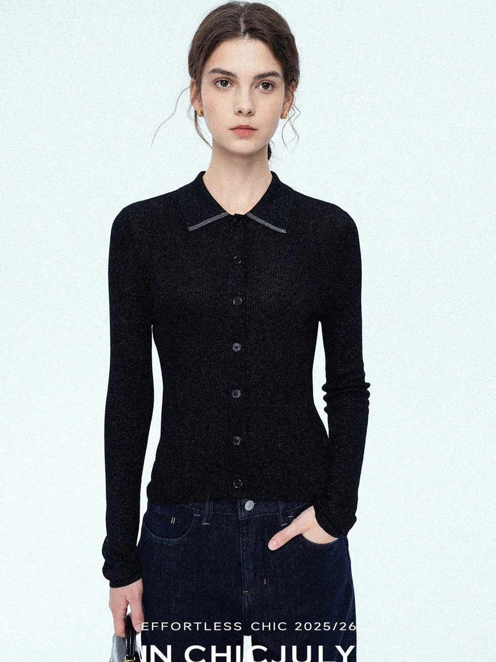 chicjuly Starlight Handmade 3d Small Stud Beaded Polo Collar Women's Wool Slim Cardigans