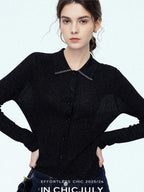 chicjuly Starlight Handmade 3d Small Stud Beaded Polo Collar Women's Wool Slim Cardigans