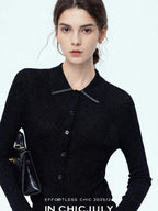 chicjuly Starlight Handmade 3d Small Stud Beaded Polo Collar Women's Wool Slim Cardigans