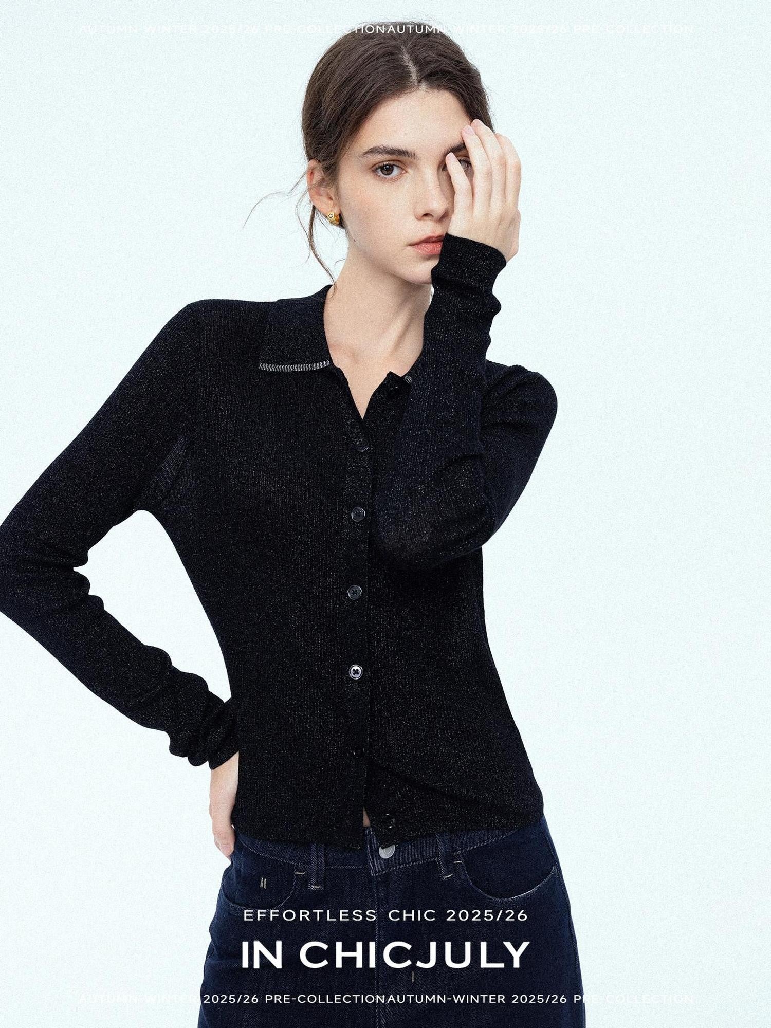 chicjuly Starlight Handmade 3d Small Stud Beaded Polo Collar Women's Wool Slim Cardigans