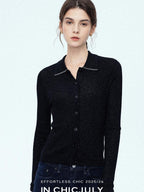 chicjuly Starlight Handmade 3d Small Stud Beaded Polo Collar Women's Wool Slim Cardigans