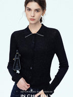 chicjuly Starlight Handmade 3d Small Stud Beaded Polo Collar Women's Wool Slim Cardigans