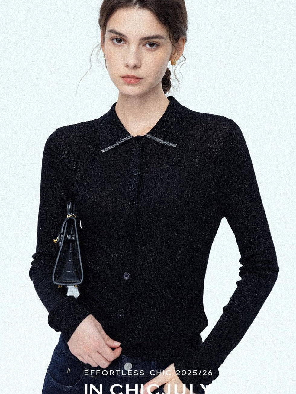 chicjuly Starlight Handmade 3d Small Stud Beaded Polo Collar Women's Wool Slim Cardigans