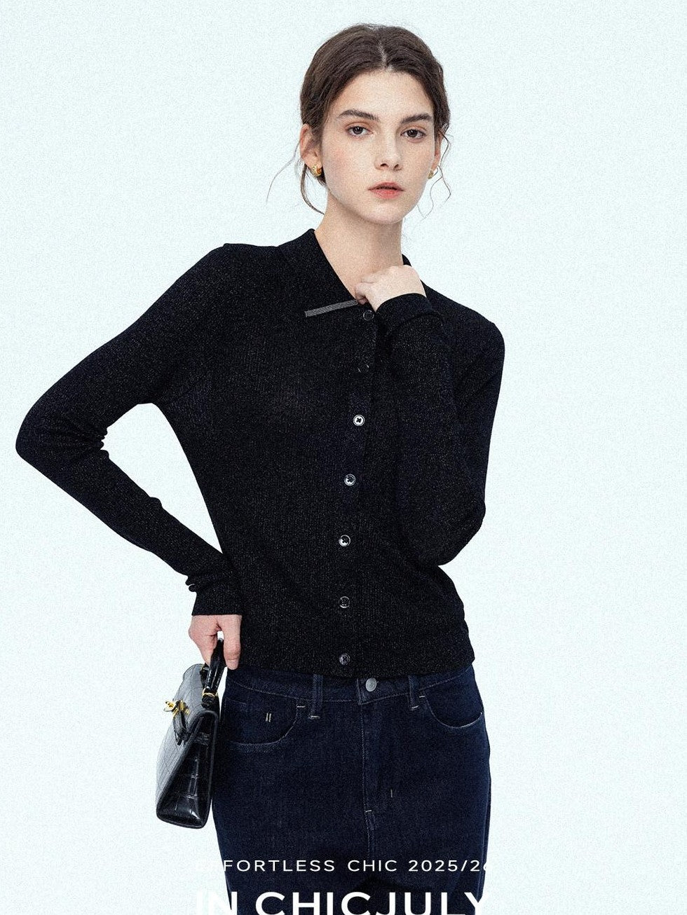 chicjuly Starlight Handmade 3d Small Stud Beaded Polo Collar Women's Wool Slim Cardigans