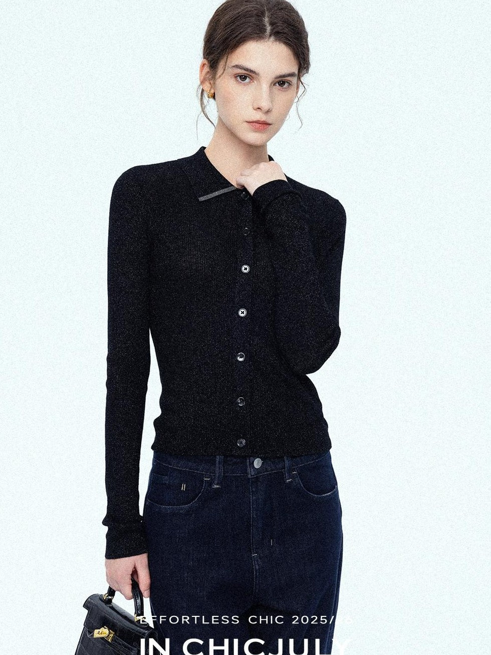 chicjuly Starlight Handmade 3d Small Stud Beaded Polo Collar Women's Wool Slim Cardigans