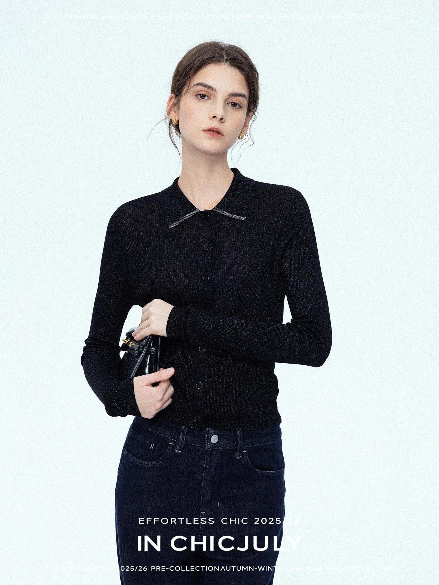 chicjuly Starlight Handmade 3d Small Stud Beaded Polo Collar Women's Wool Slim Cardigans