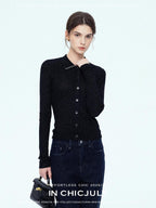 chicjuly Starlight Handmade 3d Small Stud Beaded Polo Collar Women's Wool Slim Cardigans