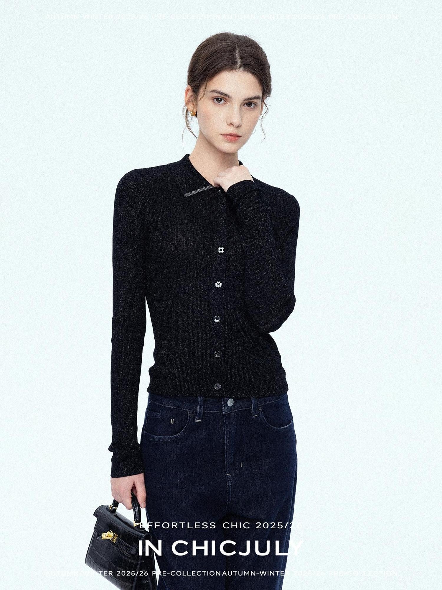 chicjuly Starlight Handmade 3d Small Stud Beaded Polo Collar Women's Wool Slim Cardigans