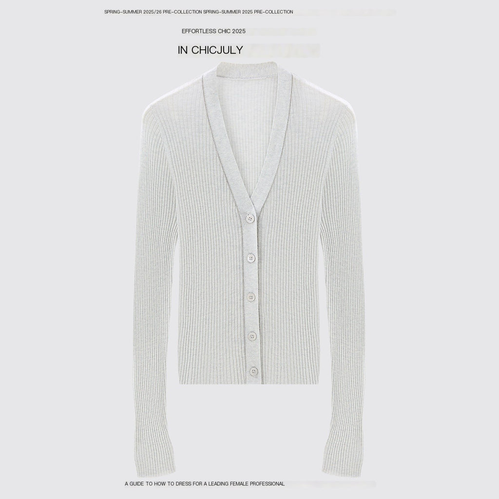 chicjuly Starry Lurex Beaded V-neck Exposed Collarbone Short Slim Women's Wool Cardigans 971152483230