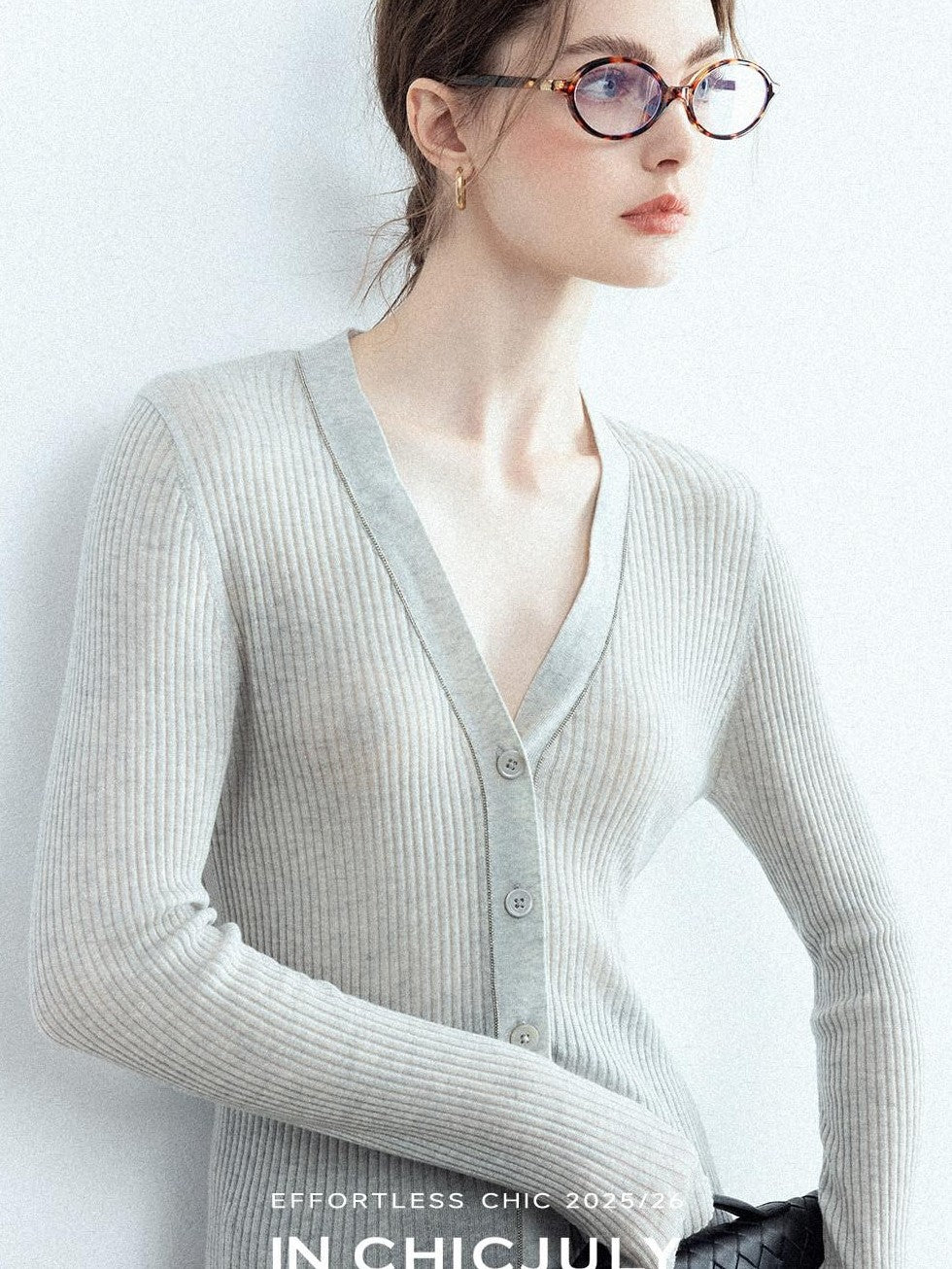 chicjuly Starry Lurex Beaded V-neck Exposed Collarbone Short Slim Women's Wool Cardigans