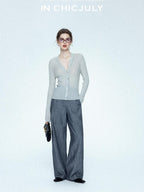 chicjuly Starry Lurex Beaded V-neck Exposed Collarbone Short Slim Women's Wool Cardigans