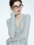 chicjuly Starry Lurex Beaded V-neck Exposed Collarbone Short Slim Women's Wool Cardigans