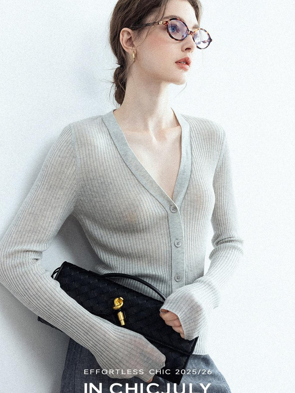 chicjuly Starry Lurex Beaded V-neck Exposed Collarbone Short Slim Women's Wool Cardigans