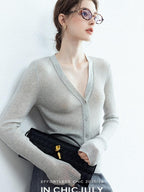 chicjuly Starry Lurex Beaded V-neck Exposed Collarbone Short Slim Women's Wool Cardigans